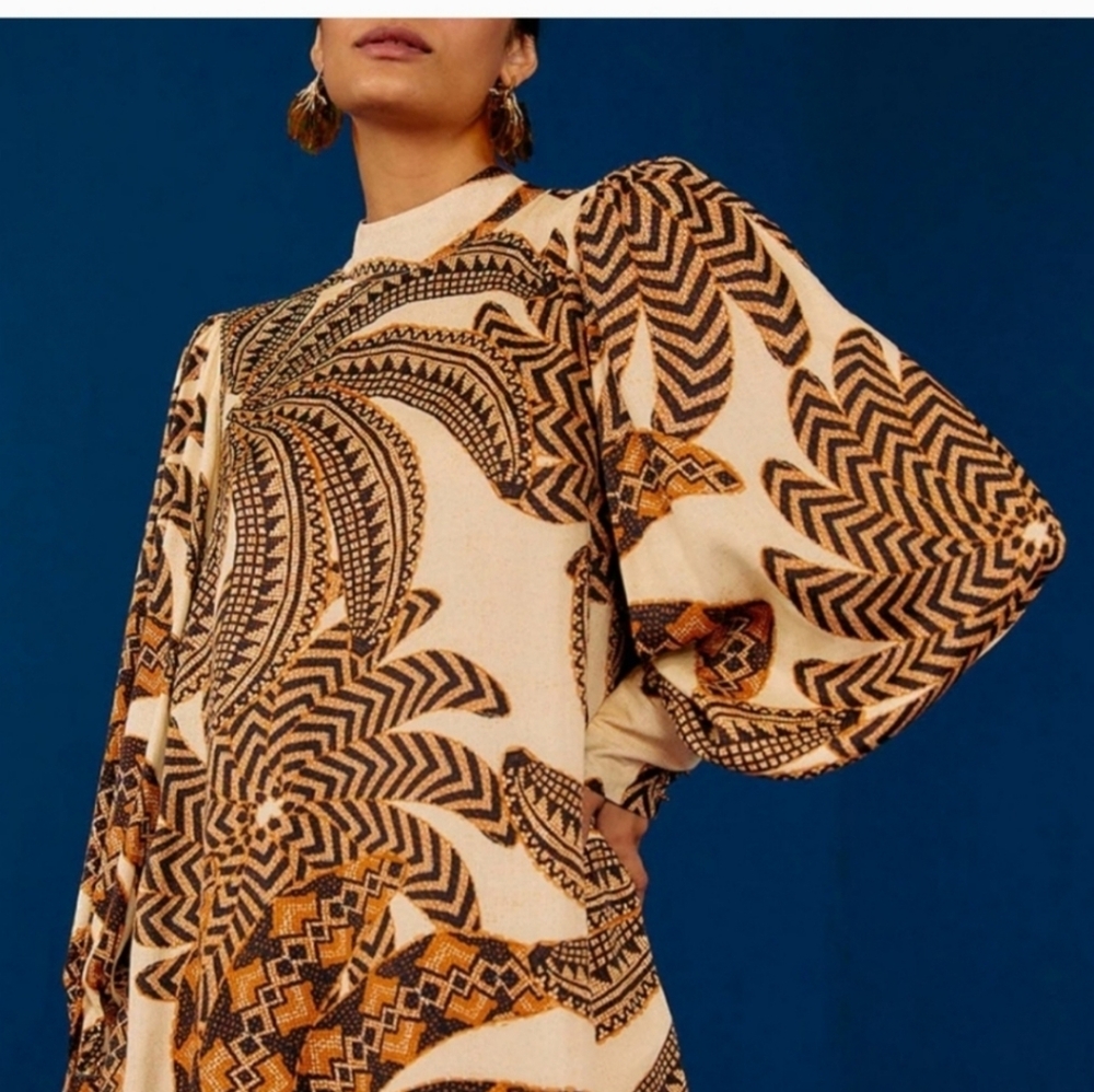 FARM Rio Cream and Brown Printed Puff-Sleeve Blouse